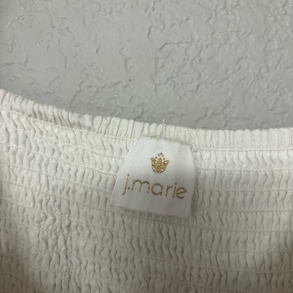 J Marie Shirt White Red Linen Smocked Embroidered Peplum Tie Shoulder Size S - Picture 2 of 4